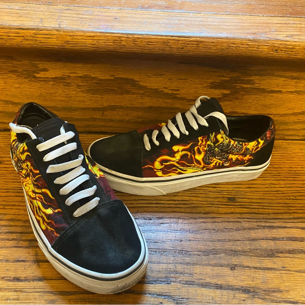 Vans Old Skool Low Flame Hotrod Skateboard Sneakers Size Mens 5 Black Red